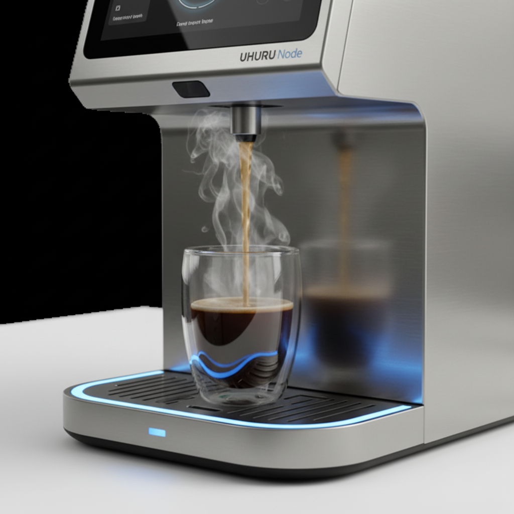 UHURU Node actively dispensing hot coffee
