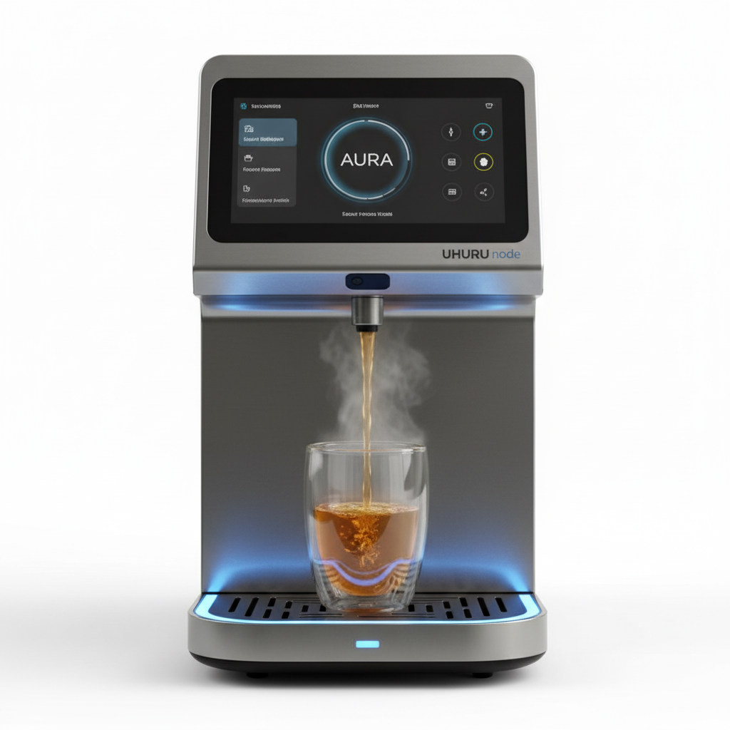UHURU Node front view with AURA display dispensing a beverage